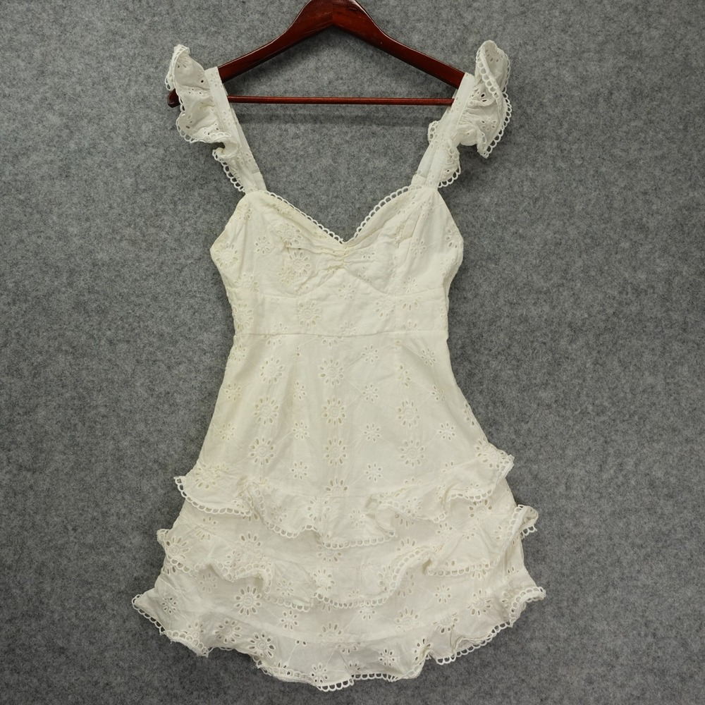 Fairy Coquette Mini Dress Women XXS White Boho Eyelet Lace Ruffle Tiered INDIKAH